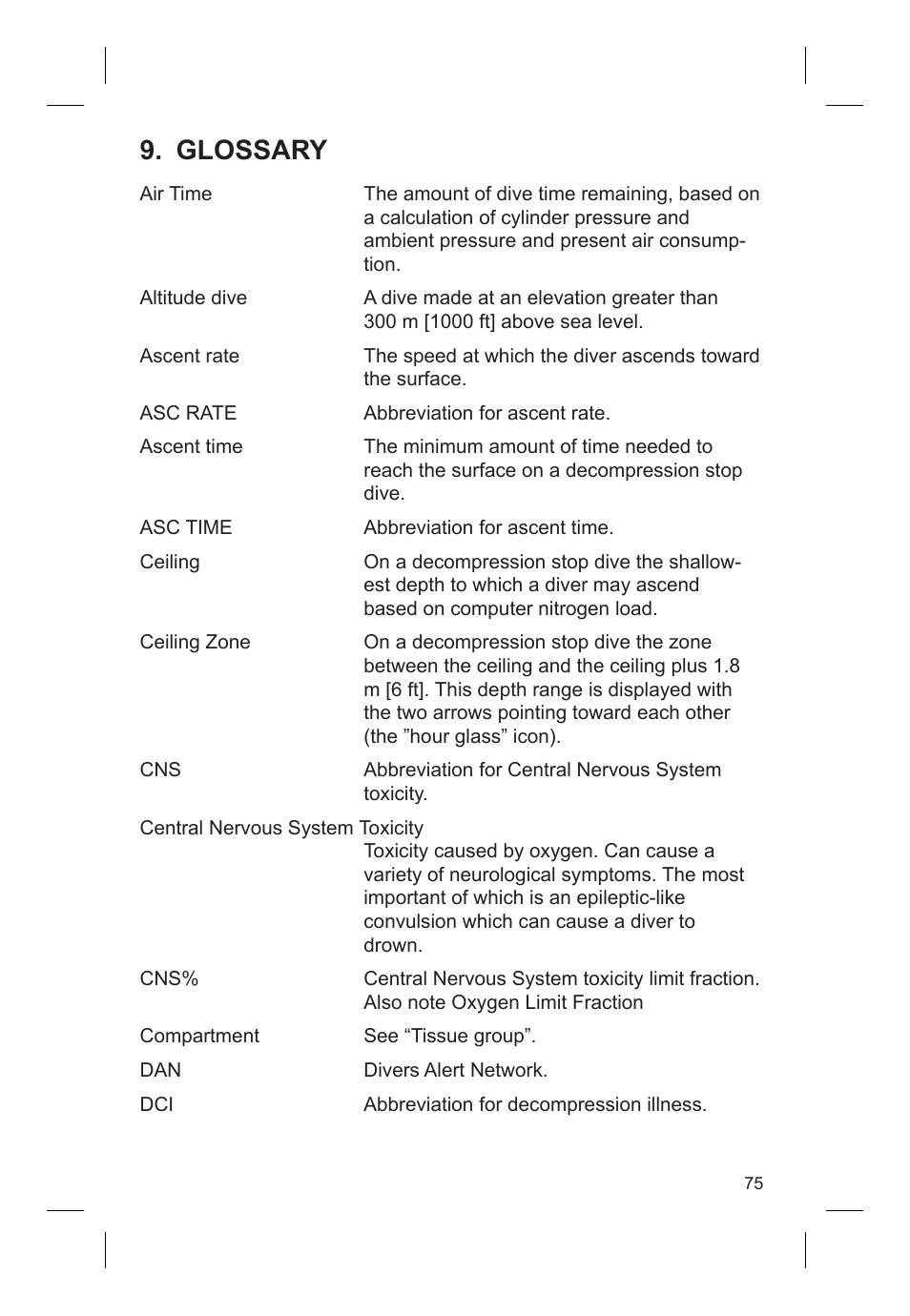 Glossary | SUUNTO VYTEC DS User Manual | Page 77 / 86