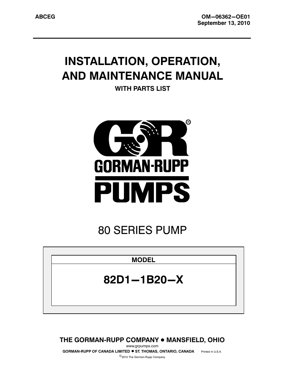 Gorman-Rupp Pumps 82D1-1B20-X 1460627 and up User Manual | 29 pages