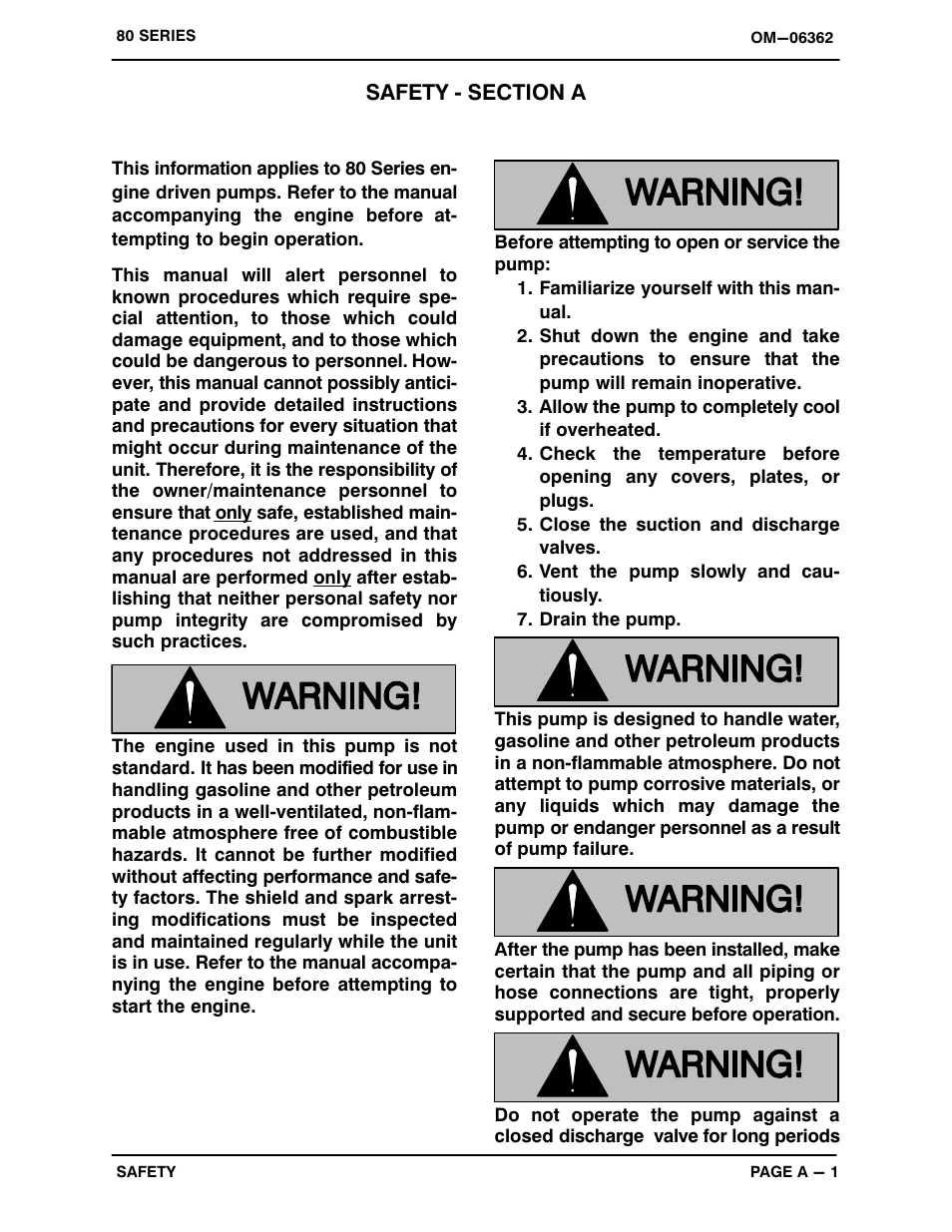 Safety - section a | Gorman-Rupp Pumps 82D1-1B20-X 1460627 and up User Manual | Page 6 / 29