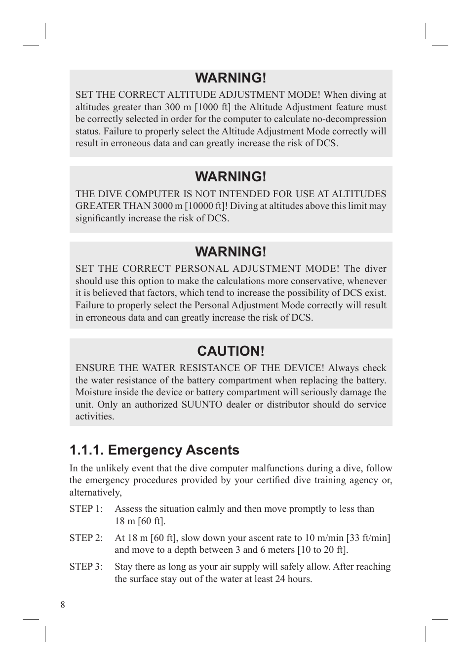 Warning, Caution, Emergency ascents | SUUNTO Vyper User Manual | Page 10 / 86