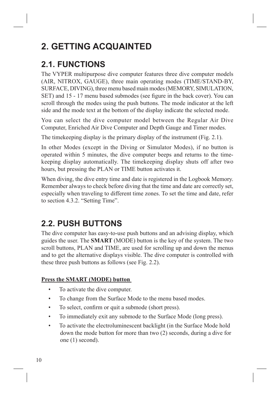 Getting acquainted, Functions, Push buttons | SUUNTO Vyper User Manual | Page 12 / 86