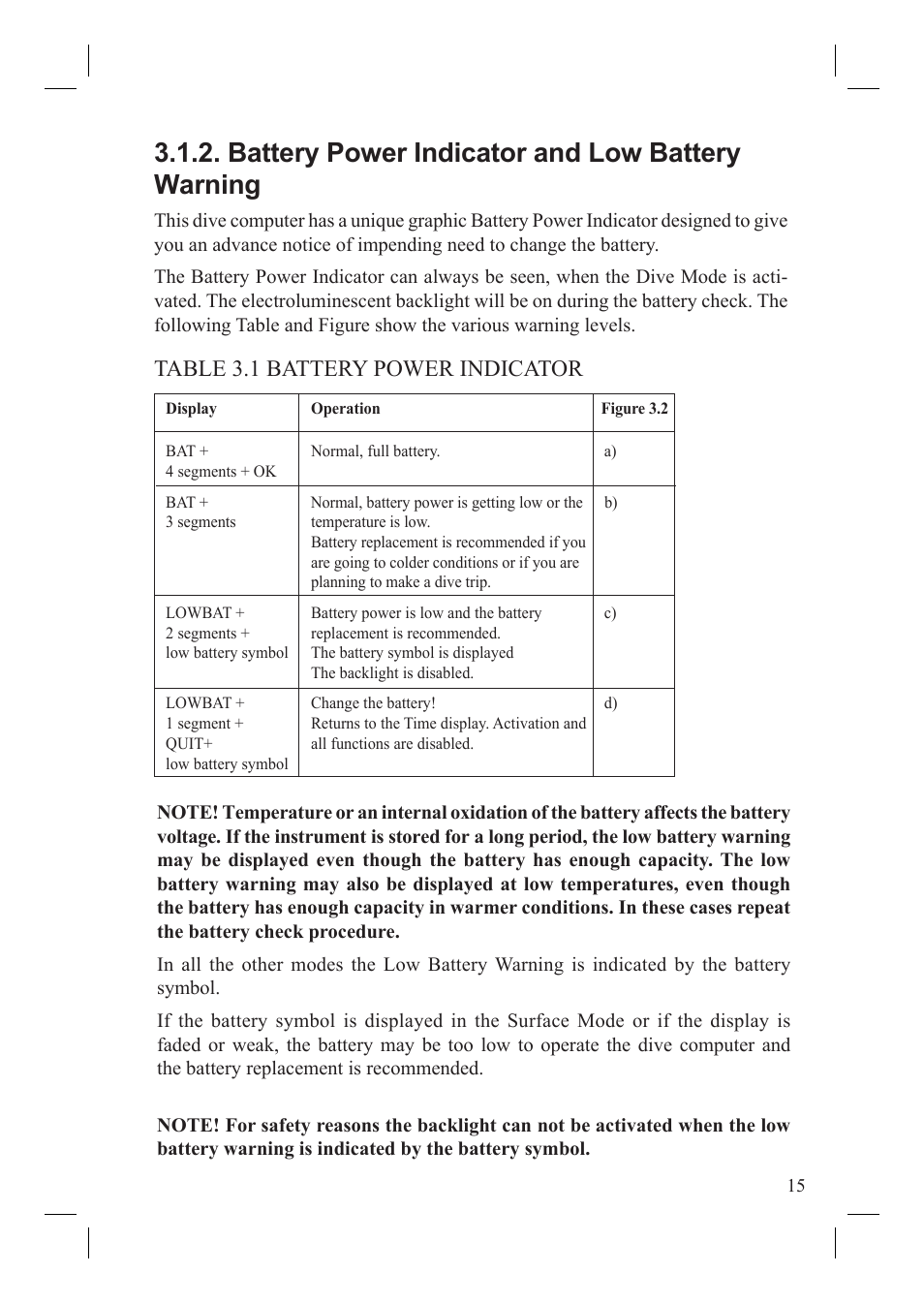 Battery power indicator and low battery warning, Table 3.1 battery power indicator | SUUNTO Vyper User Manual | Page 17 / 86