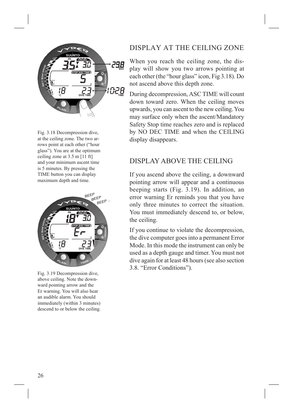 Display at the ceiling zone, Display above the ceiling | SUUNTO Vyper User Manual | Page 28 / 86