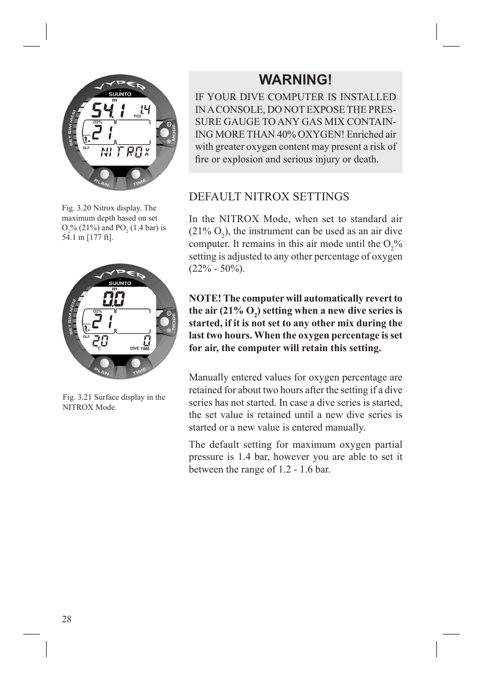 Warning, Default nitrox settings | SUUNTO Vyper User Manual | Page 30 / 86