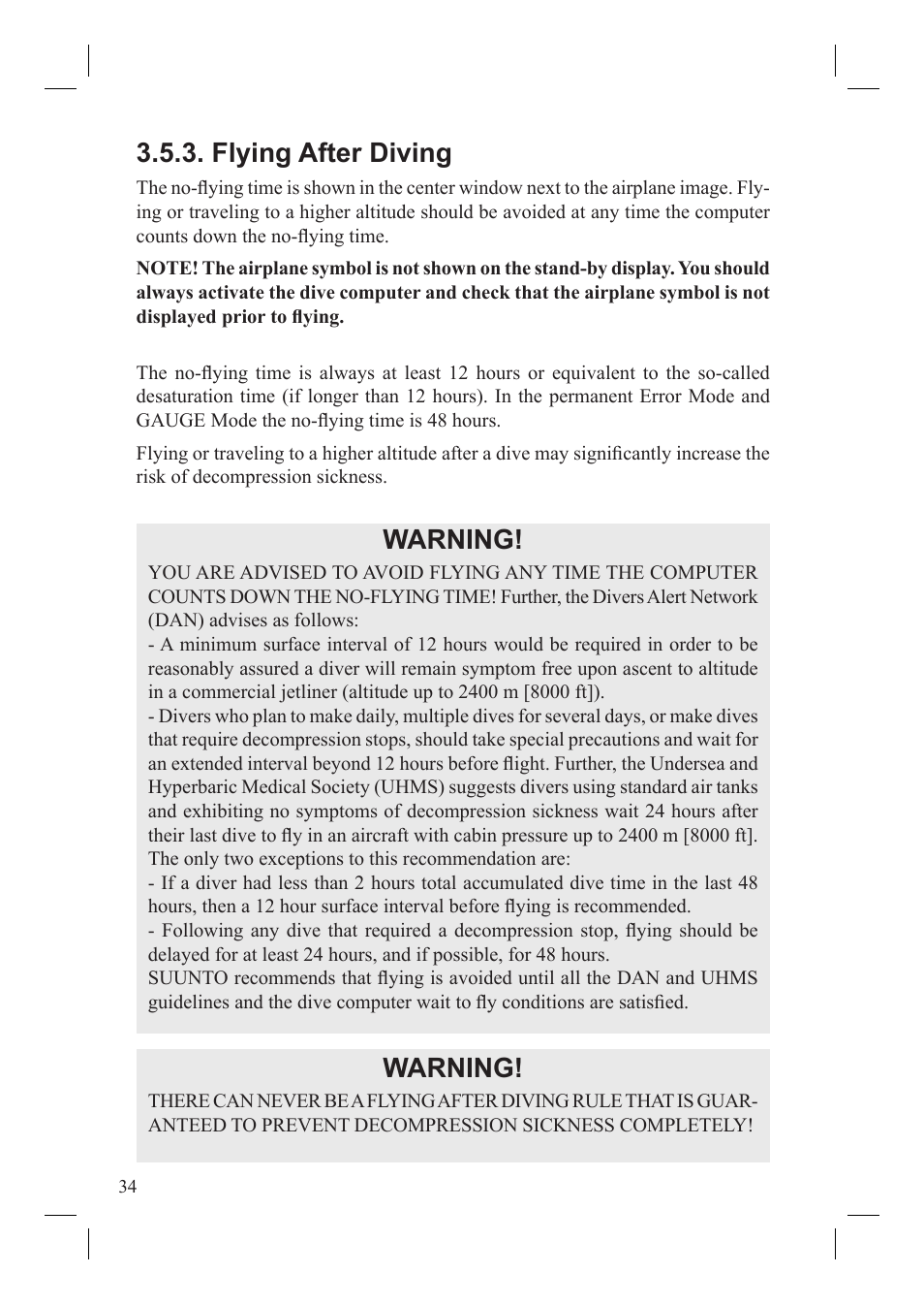 Flying after diving, Warning | SUUNTO Vyper User Manual | Page 36 / 86