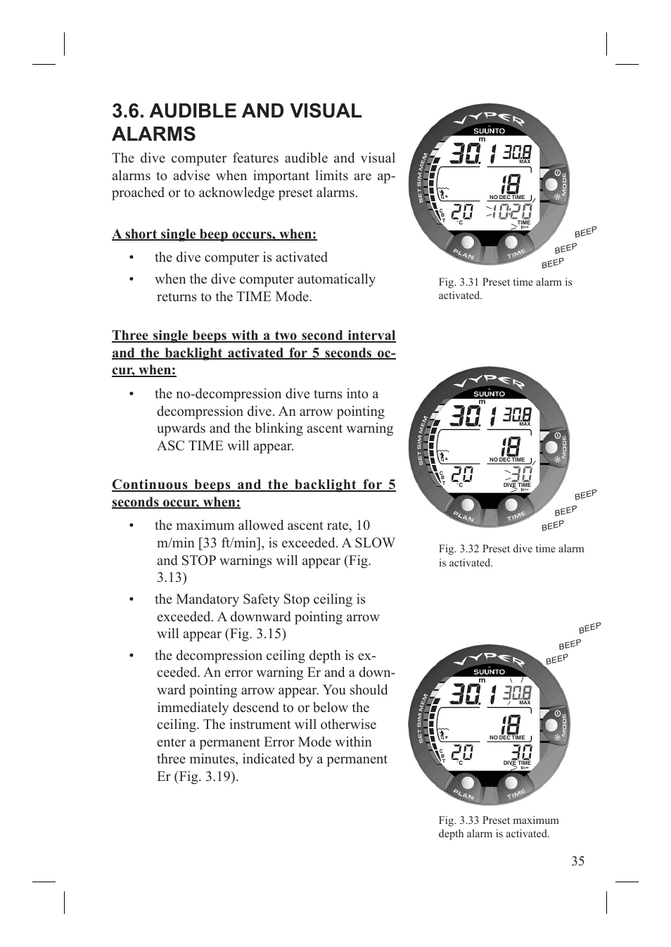 Audible and visual alarms | SUUNTO Vyper User Manual | Page 37 / 86