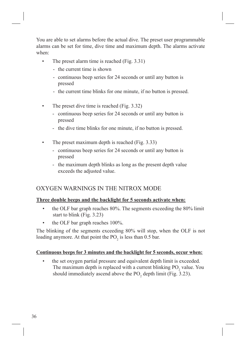 Oxygen warnings in the nitrox mode | SUUNTO Vyper User Manual | Page 38 / 86