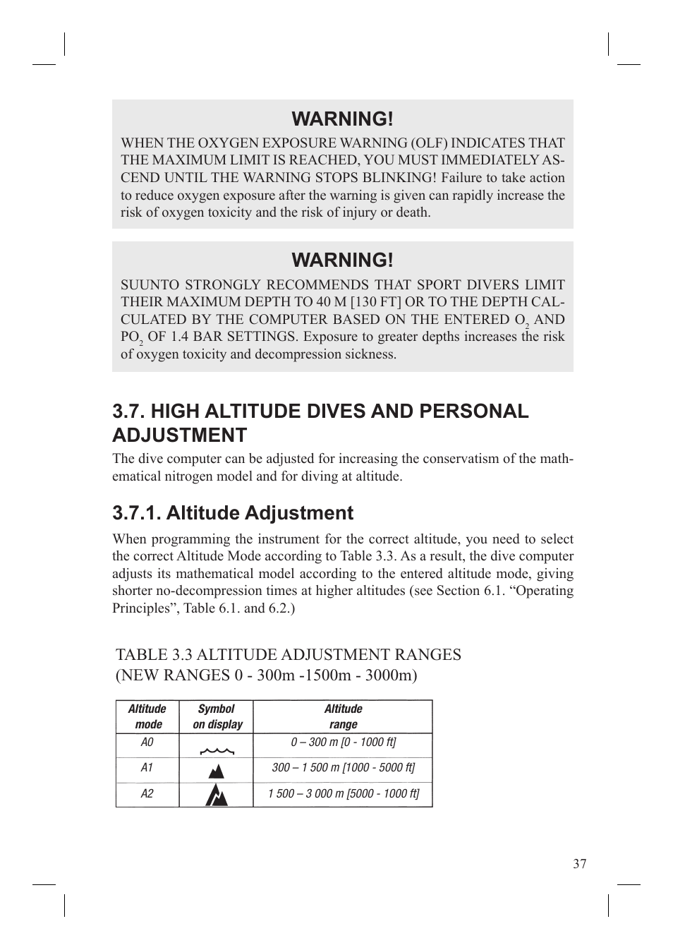 Warning, High altitude dives and personal adjustment, Altitude adjustment | SUUNTO Vyper User Manual | Page 39 / 86