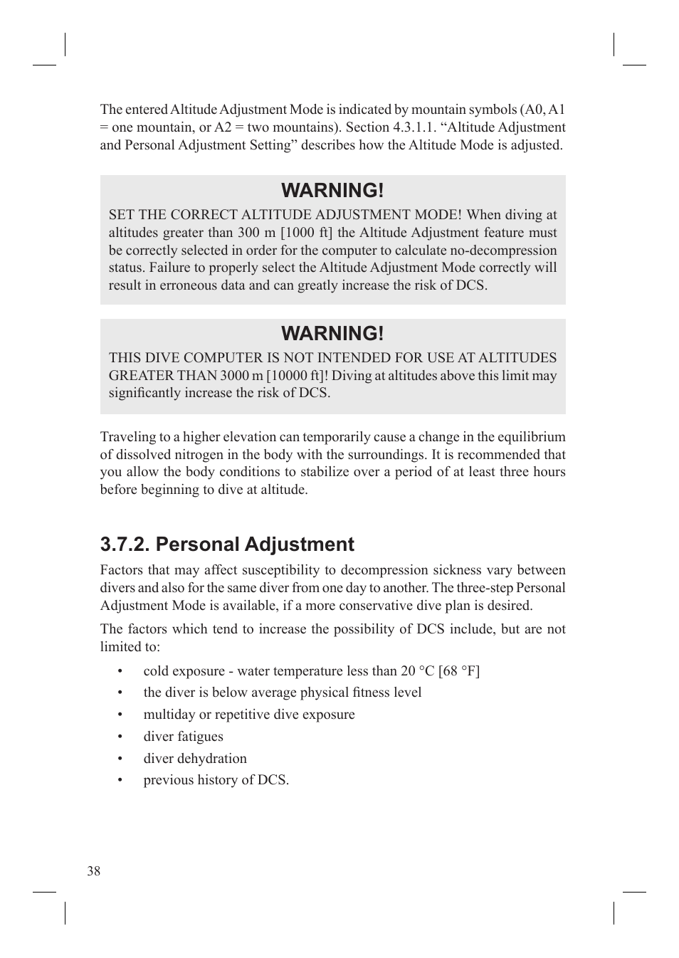 Warning, Personal adjustment | SUUNTO Vyper User Manual | Page 40 / 86