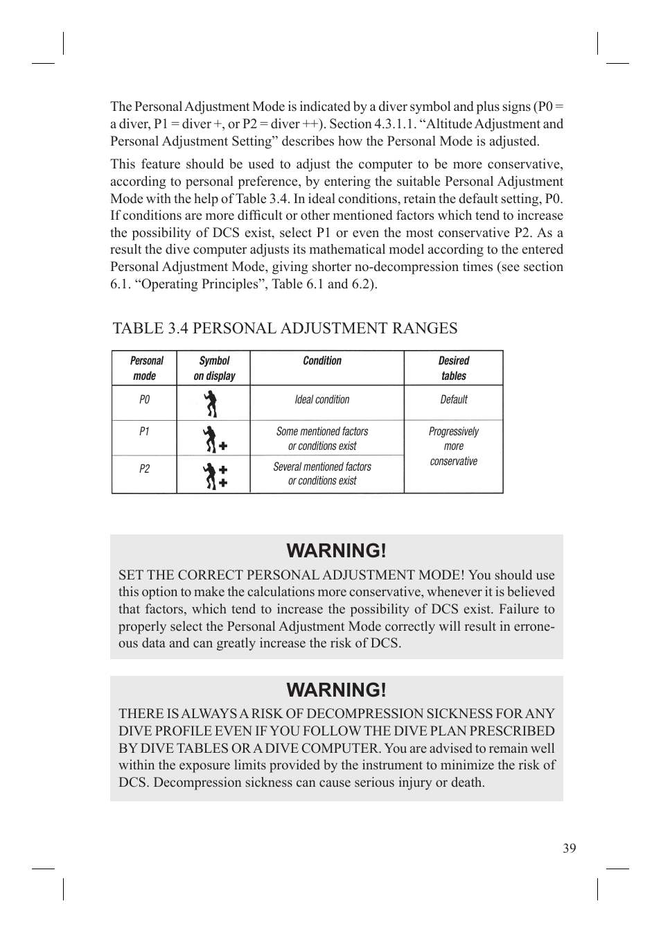 Warning, Table 3.4 personal adjustment ranges | SUUNTO Vyper User Manual | Page 41 / 86