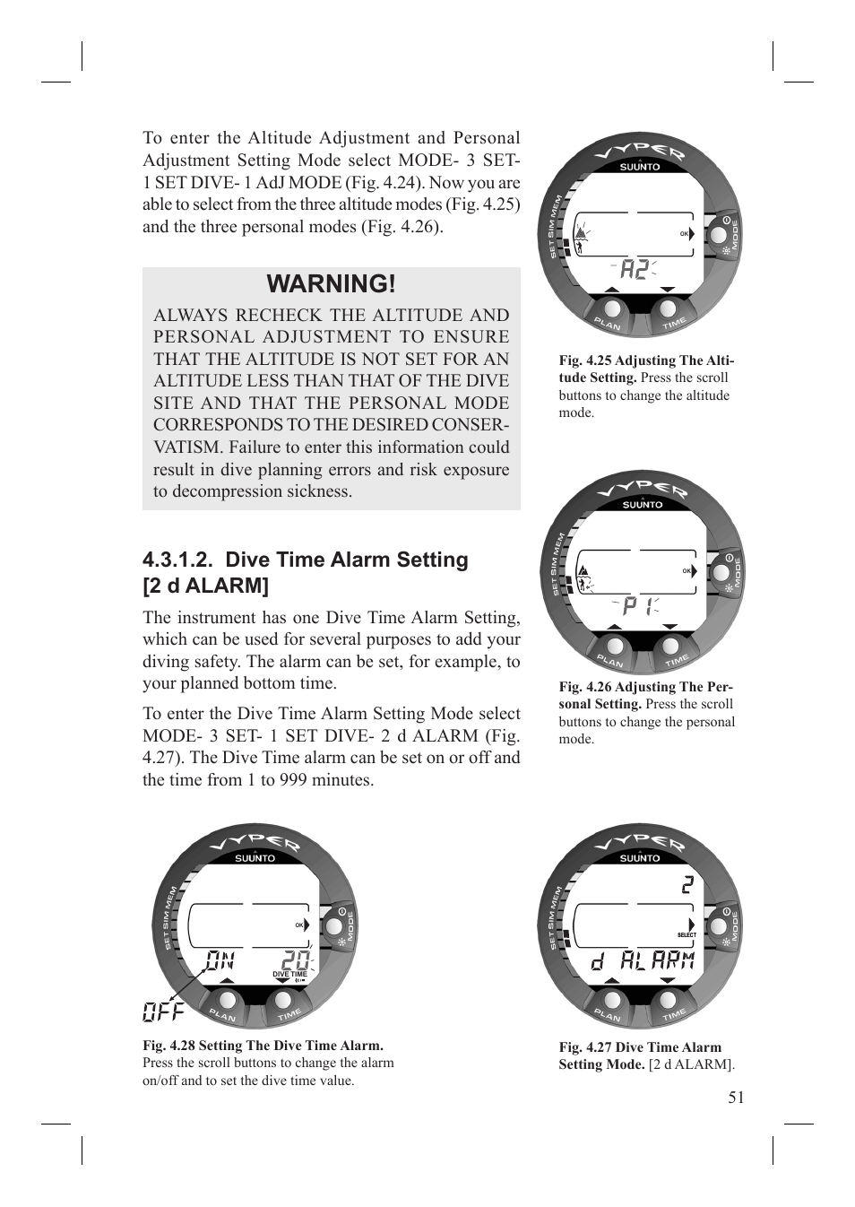 Warning, Dive time alarm setting [2 d alarm | SUUNTO Vyper User Manual | Page 53 / 86