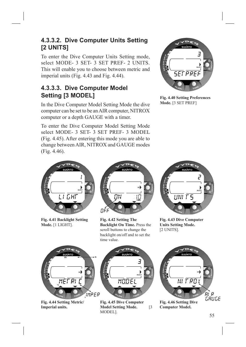Dive computer units setting [2 units, Dive computer model setting [3 model, Fig. 4.40 setting preferences mode. [3 set pref | SUUNTO Vyper User Manual | Page 57 / 86