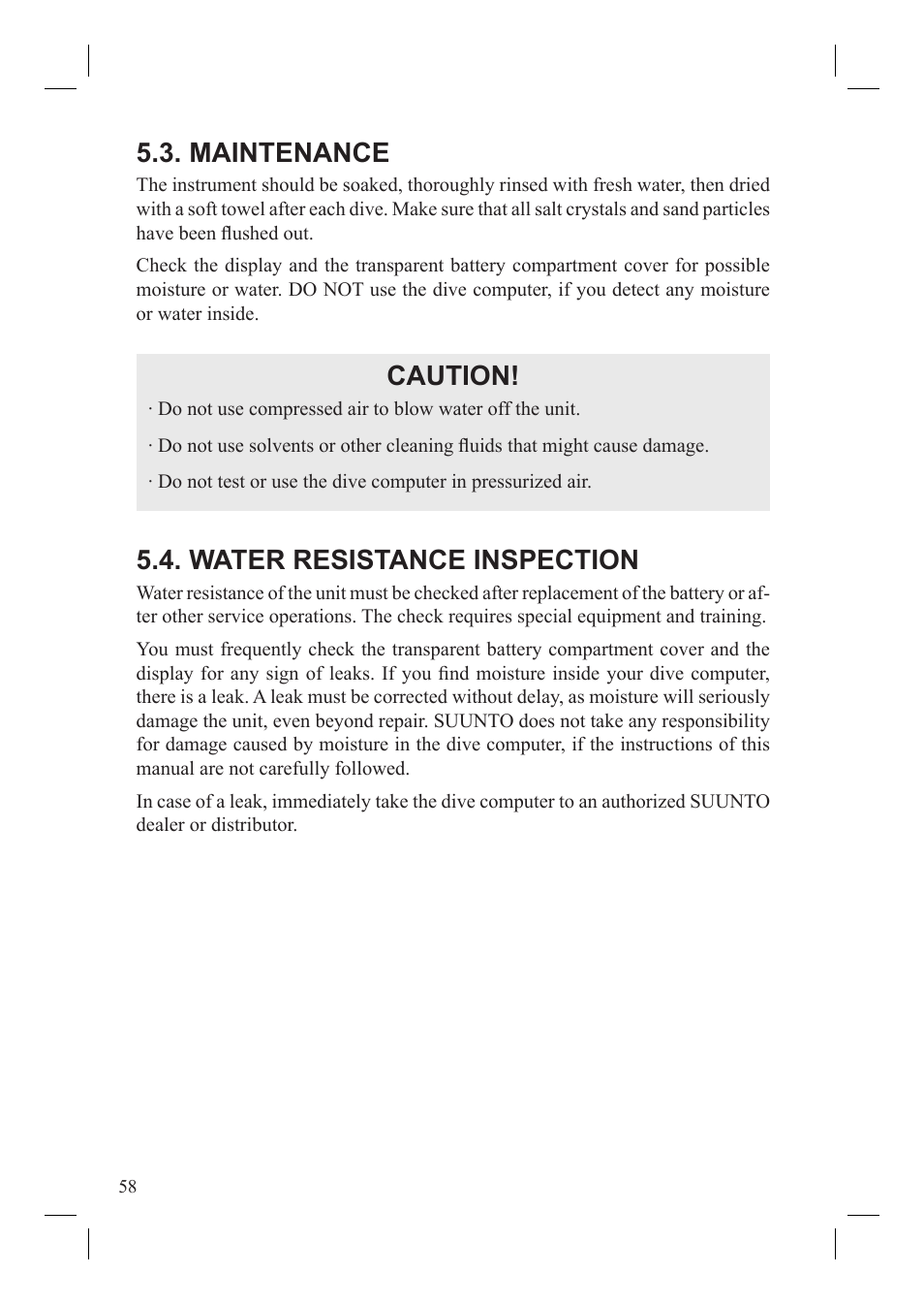 Maintenance, Caution, Water resistance inspection | SUUNTO Vyper User Manual | Page 60 / 86