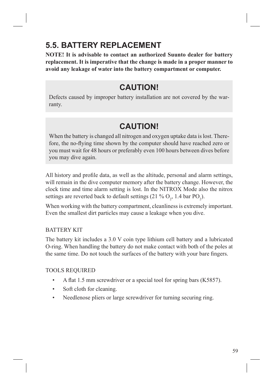 Battery replacement, Caution | SUUNTO Vyper User Manual | Page 61 / 86