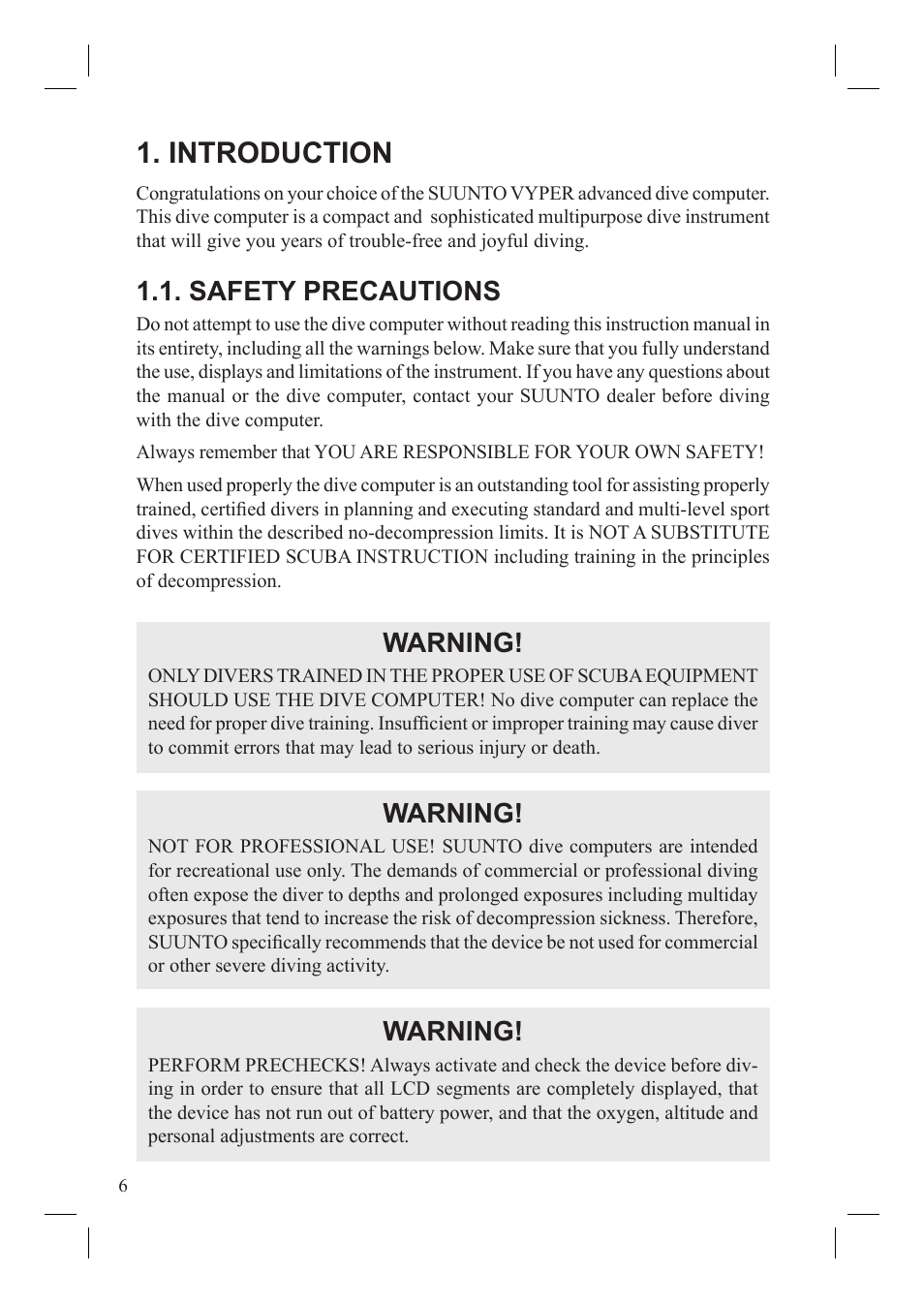 Introduction, Safety precautions, Warning | SUUNTO Vyper User Manual | Page 8 / 86