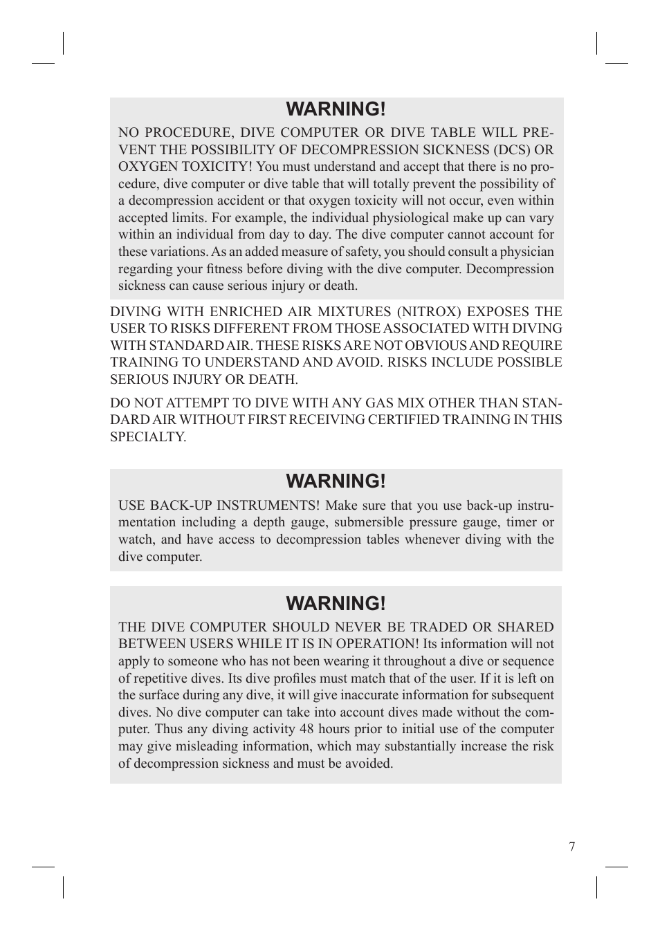 Warning | SUUNTO Vyper User Manual | Page 9 / 86