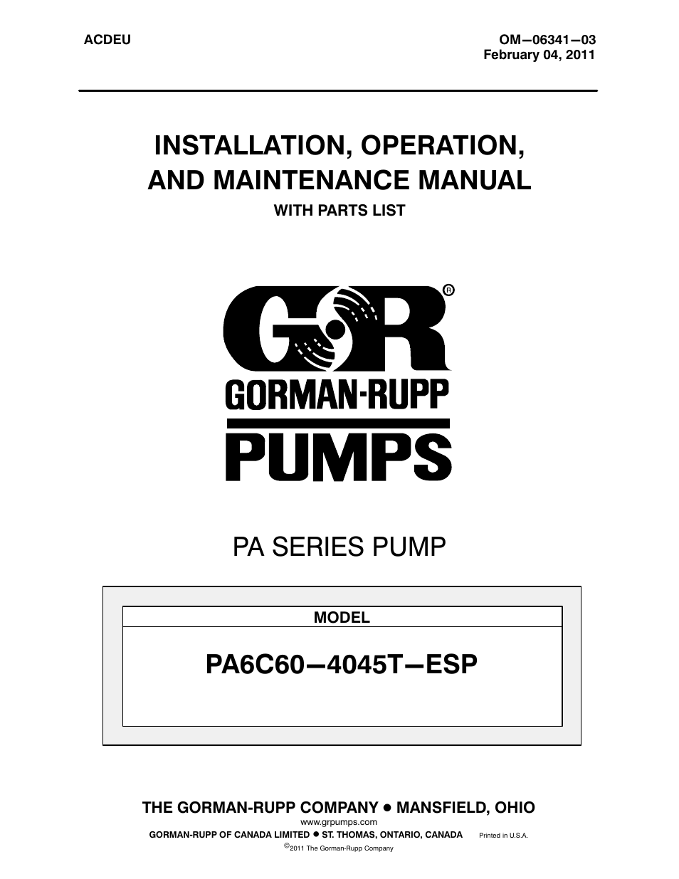 Gorman-Rupp Pumps PA6C60-4045T-ESP 1479001 thru 1302081 User Manual | 52 pages