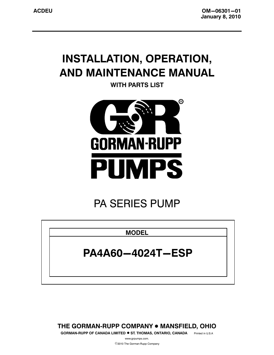 Gorman-Rupp Pumps PA4A60-4024T-ESP 1446296 and up User Manual | 55 pages