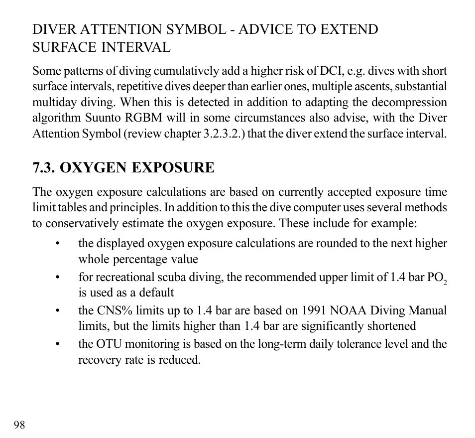 Oxygen exposure | SUUNTO Stinger User Manual | Page 100 / 120
