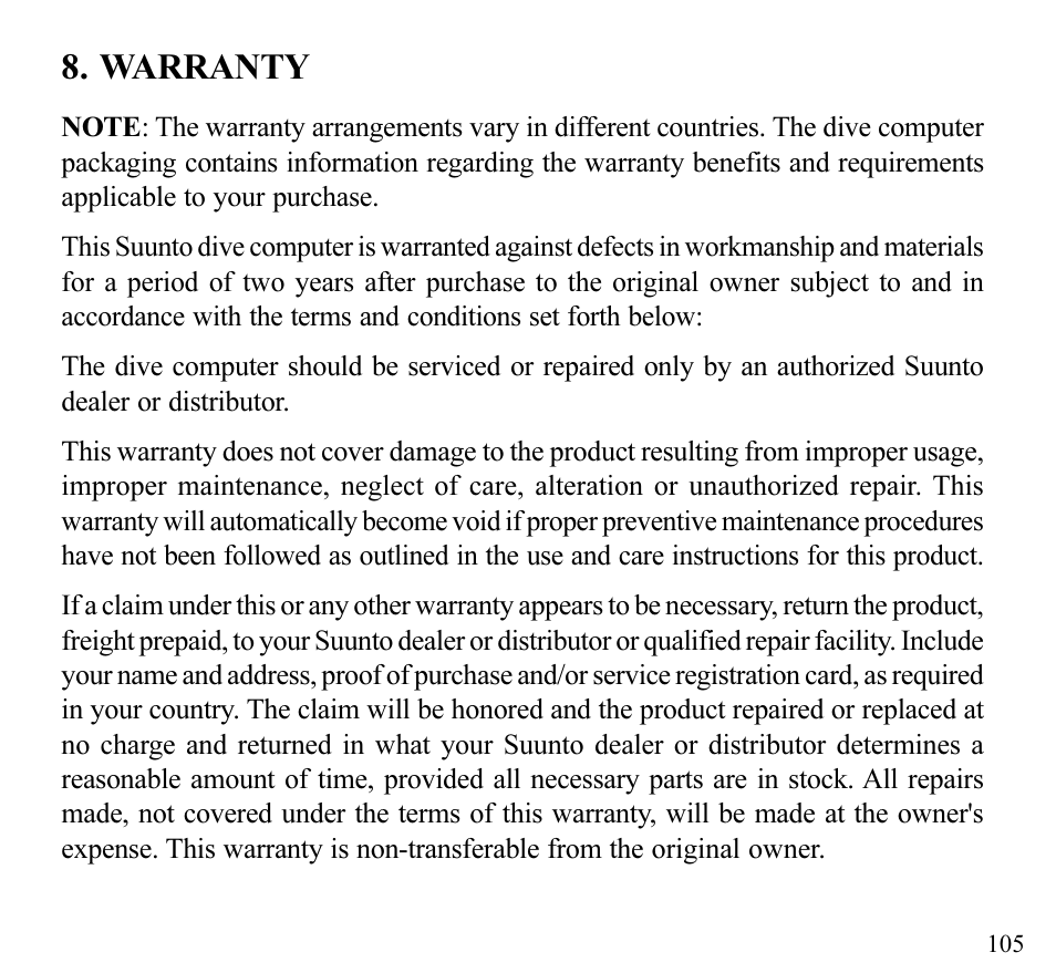 Warranty | SUUNTO Stinger User Manual | Page 107 / 120