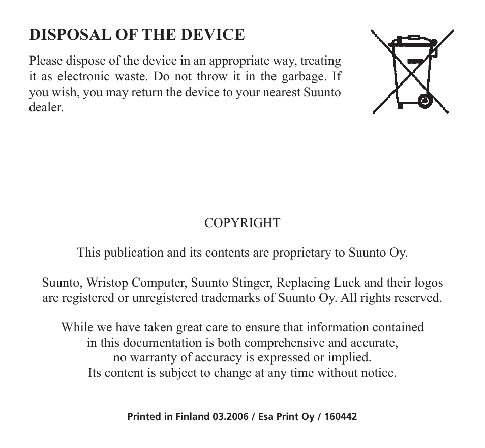 Disposal of the device | SUUNTO Stinger User Manual | Page 116 / 120
