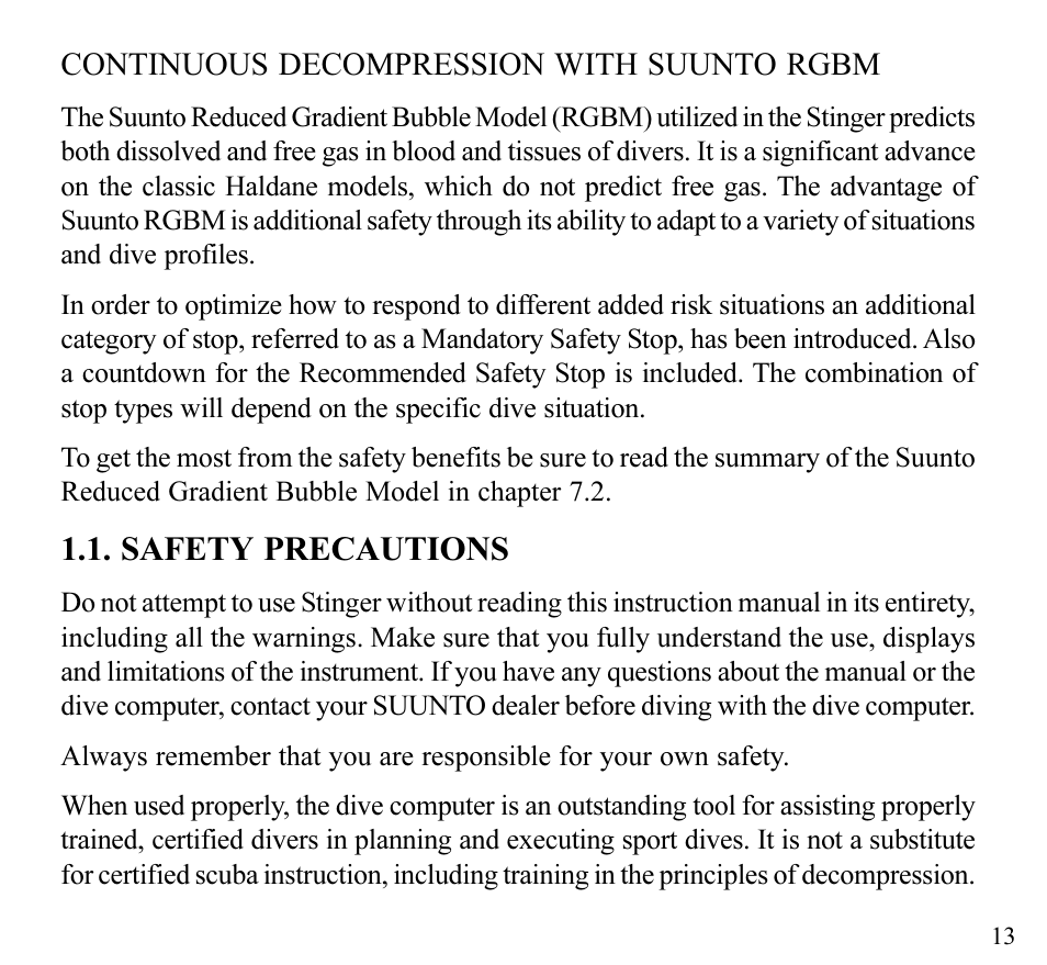 Safety precautions | SUUNTO Stinger User Manual | Page 15 / 120