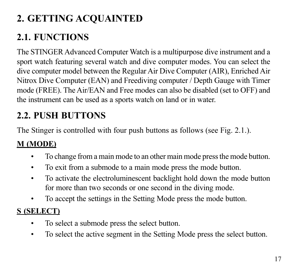 Getting acquainted, Functions, Push buttons | SUUNTO Stinger User Manual | Page 19 / 120