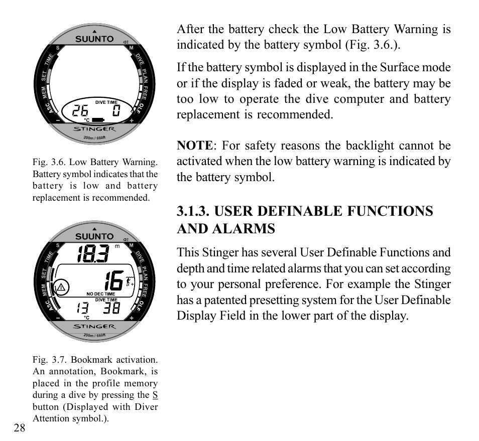 User definable functions and alarms | SUUNTO Stinger User Manual | Page 30 / 120