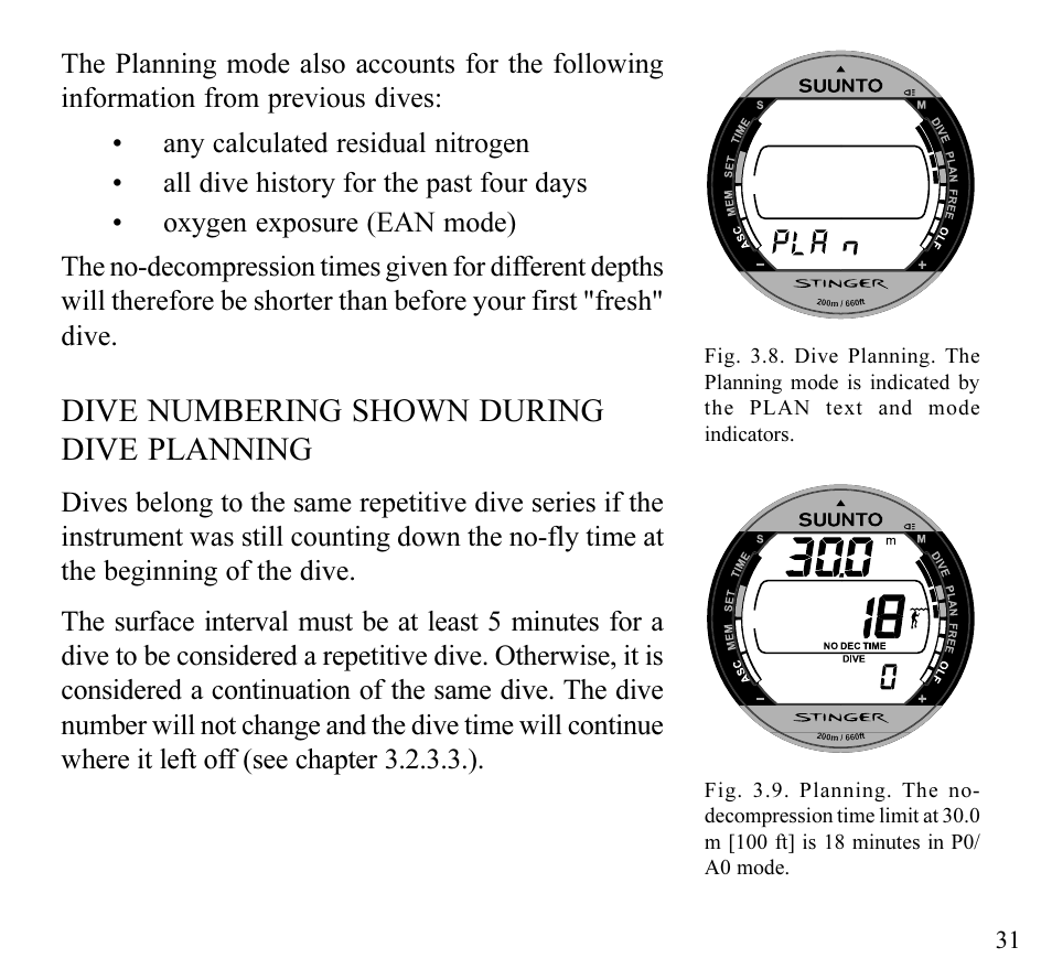 Dive numbering shown during dive planning | SUUNTO Stinger User Manual | Page 33 / 120