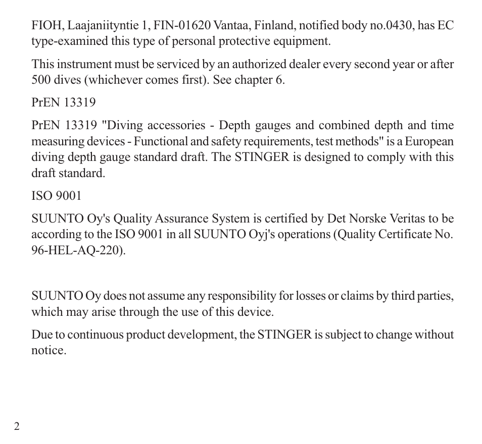 SUUNTO Stinger User Manual | Page 4 / 120