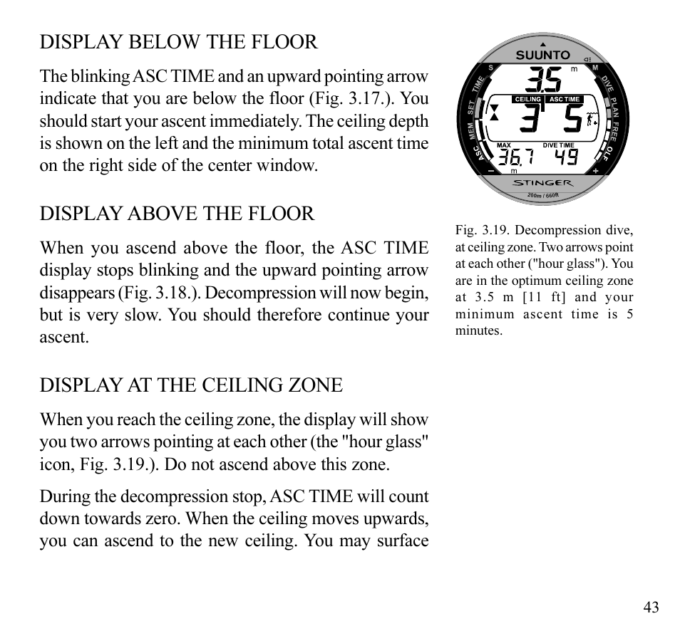 Display below the floor, Display above the floor, Display at the ceiling zone | SUUNTO Stinger User Manual | Page 45 / 120