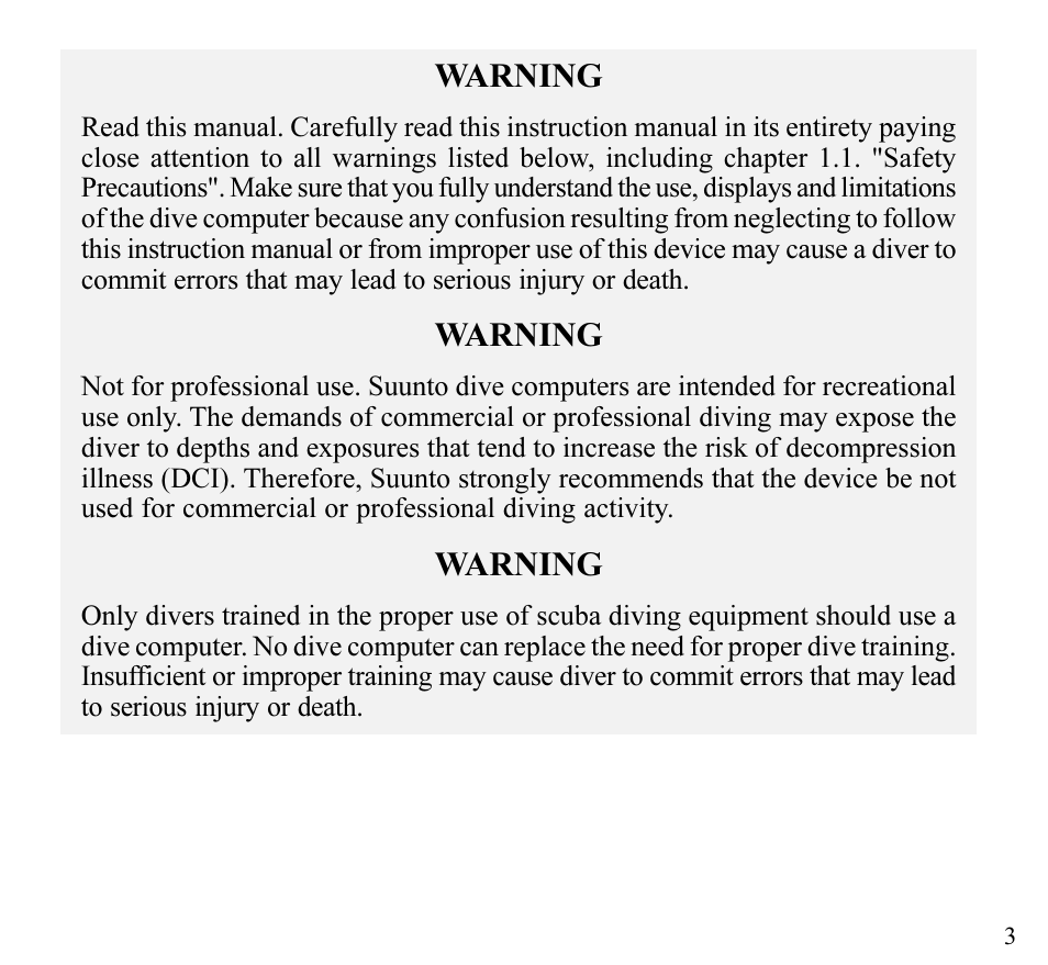 Warning | SUUNTO Stinger User Manual | Page 5 / 120