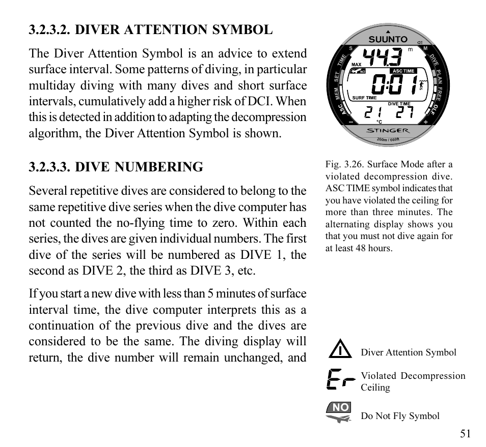 Diver attention symbol, Dive numbering | SUUNTO Stinger User Manual | Page 53 / 120