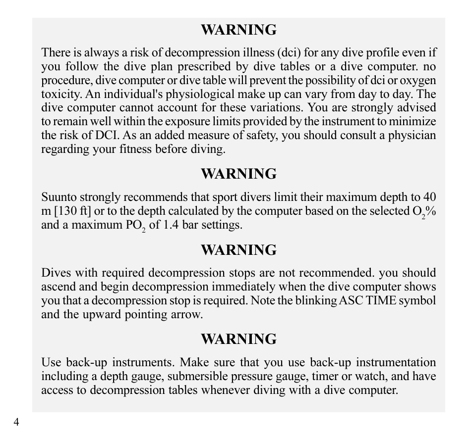 Warning | SUUNTO Stinger User Manual | Page 6 / 120