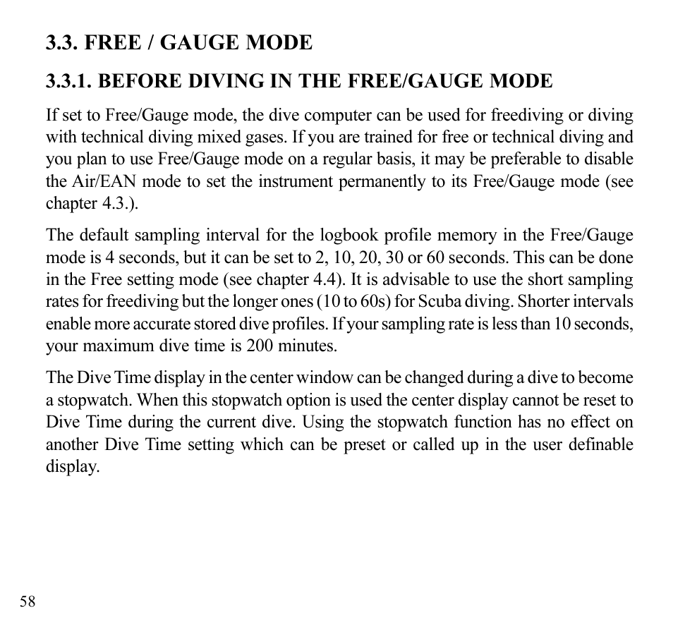 Free / gauge mode | SUUNTO Stinger User Manual | Page 60 / 120