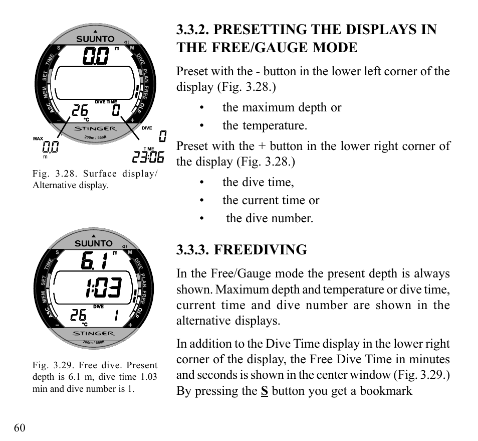 Presetting the displays in the free/gauge mode, Freediving | SUUNTO Stinger User Manual | Page 62 / 120