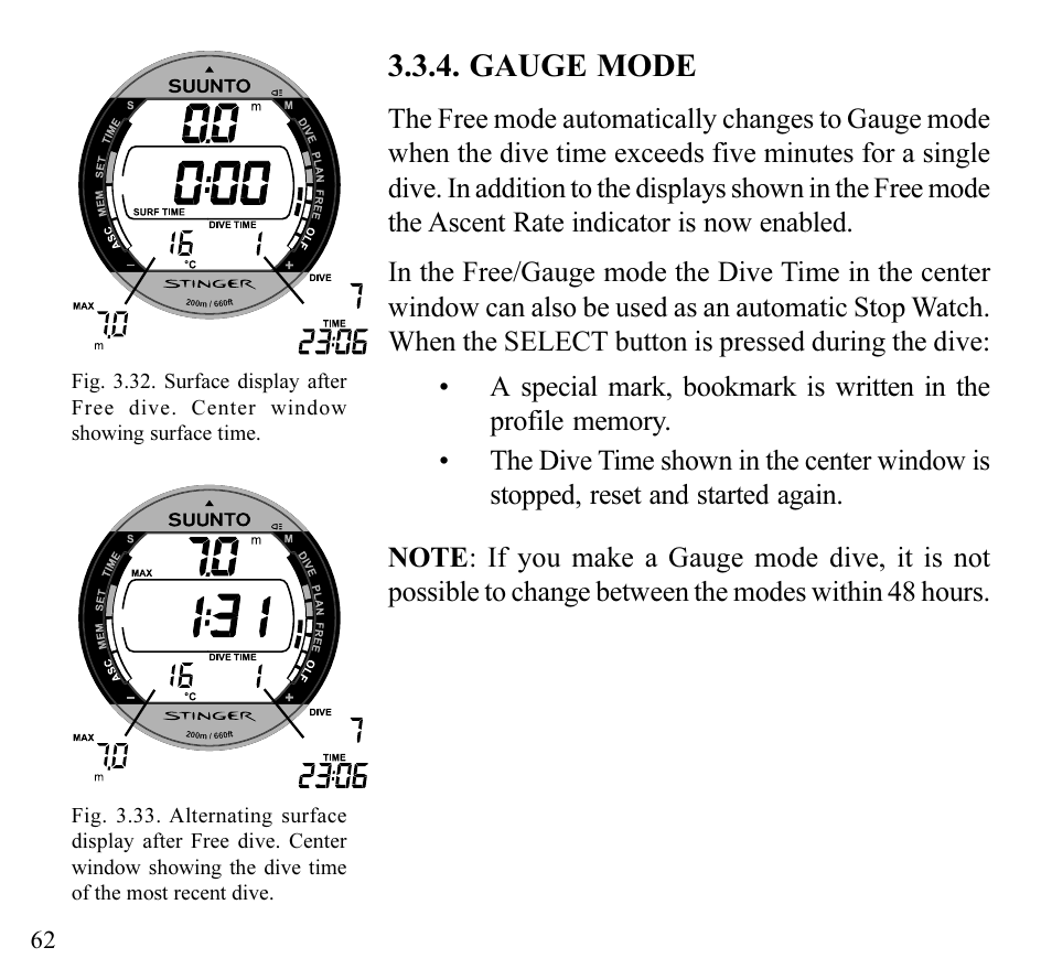 Gauge mode | SUUNTO Stinger User Manual | Page 64 / 120
