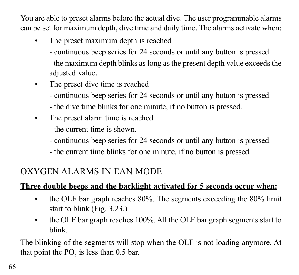 Oxygen alarms in ean mode | SUUNTO Stinger User Manual | Page 68 / 120