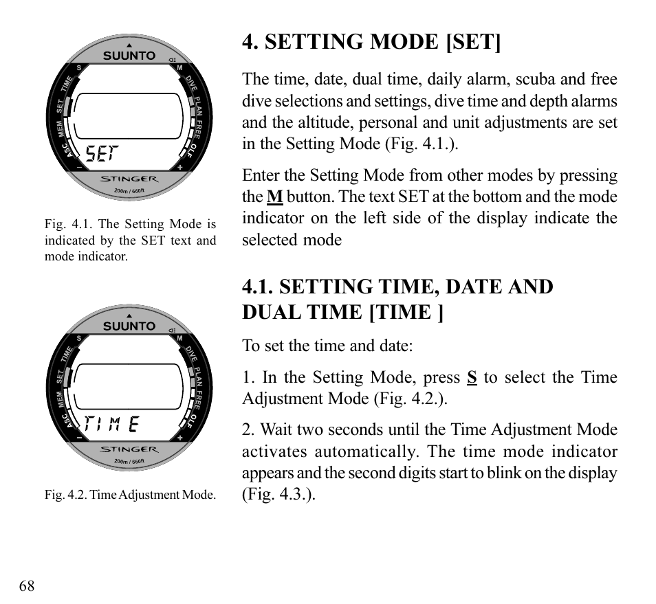 Setting mode [set, Setting time, date and dual time [time | SUUNTO Stinger User Manual | Page 70 / 120