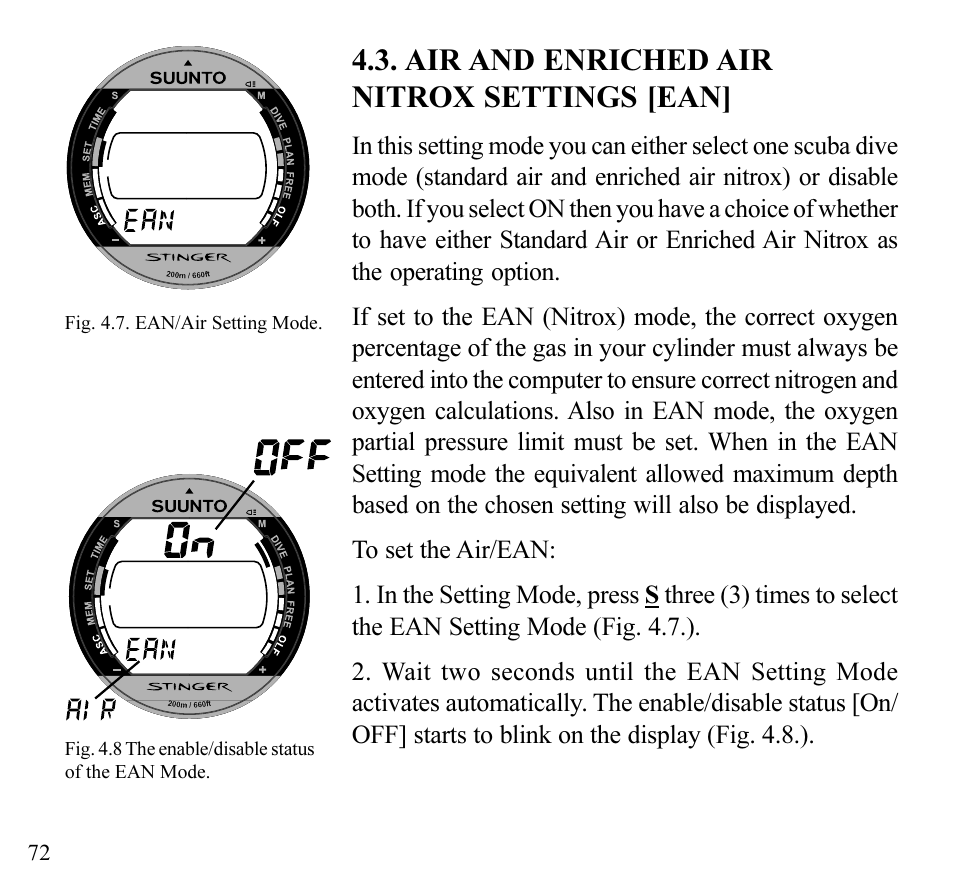 Air and enriched air nitrox settings [ean | SUUNTO Stinger User Manual | Page 74 / 120