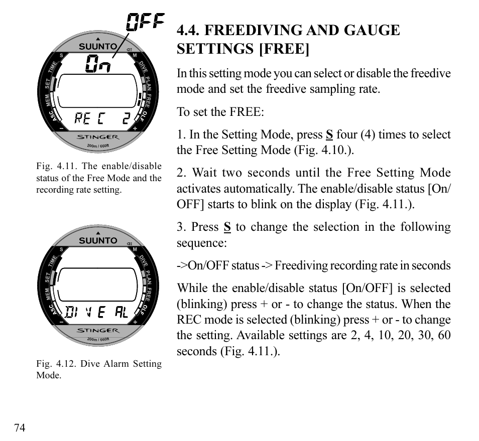 Freediving and gauge settings [free | SUUNTO Stinger User Manual | Page 76 / 120