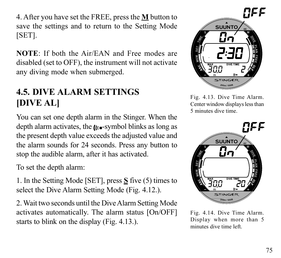 Dive alarm settings [dive al | SUUNTO Stinger User Manual | Page 77 / 120