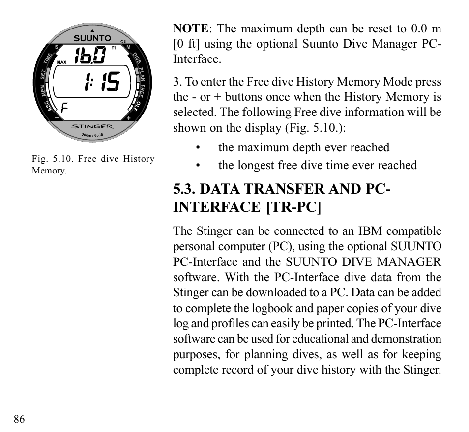 Data transfer and pc- interface [tr-pc | SUUNTO Stinger User Manual | Page 88 / 120