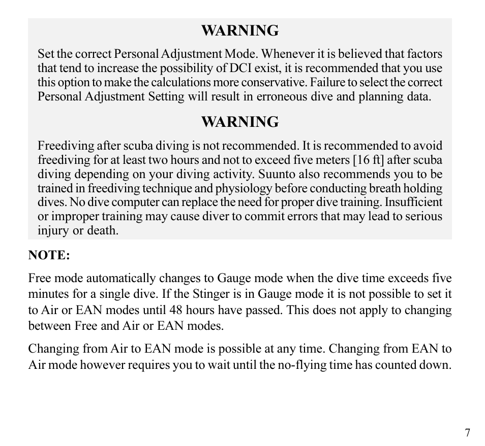 Warning | SUUNTO Stinger User Manual | Page 9 / 120