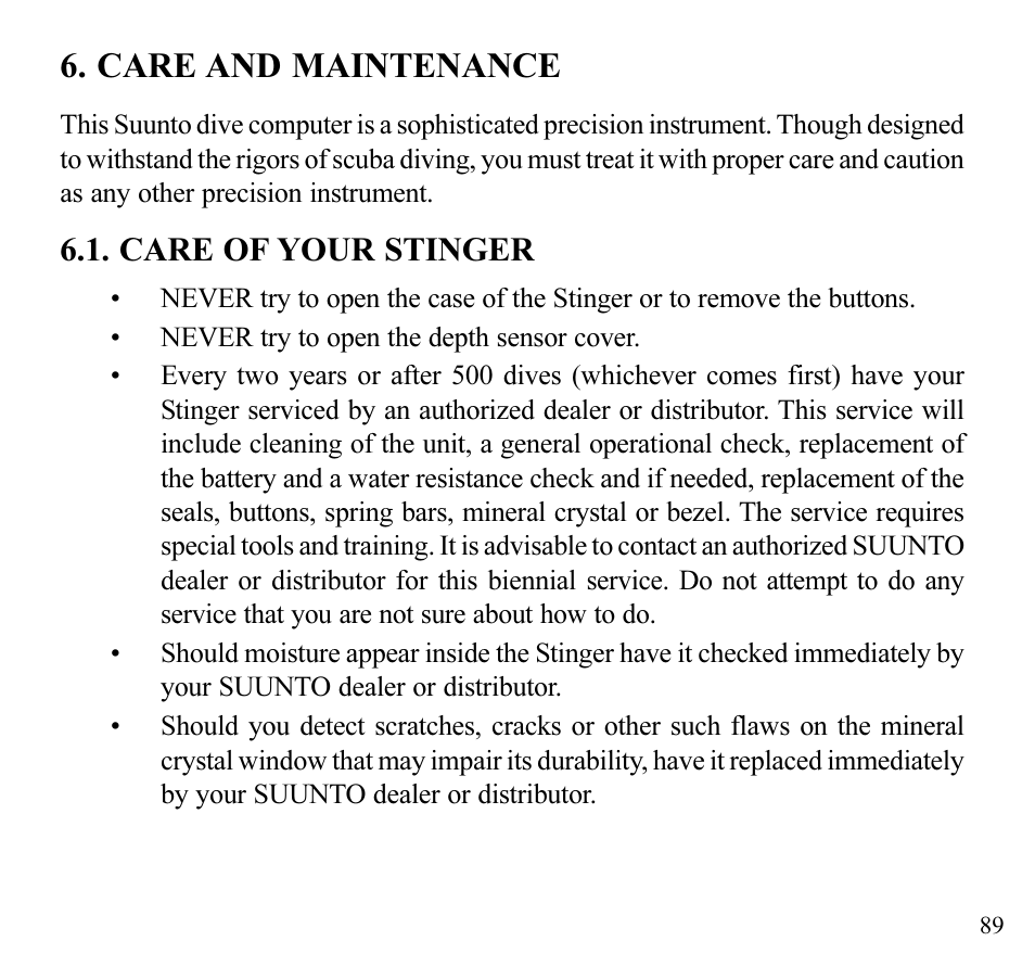 Care and maintenance, Care of your stinger | SUUNTO Stinger User Manual | Page 91 / 120