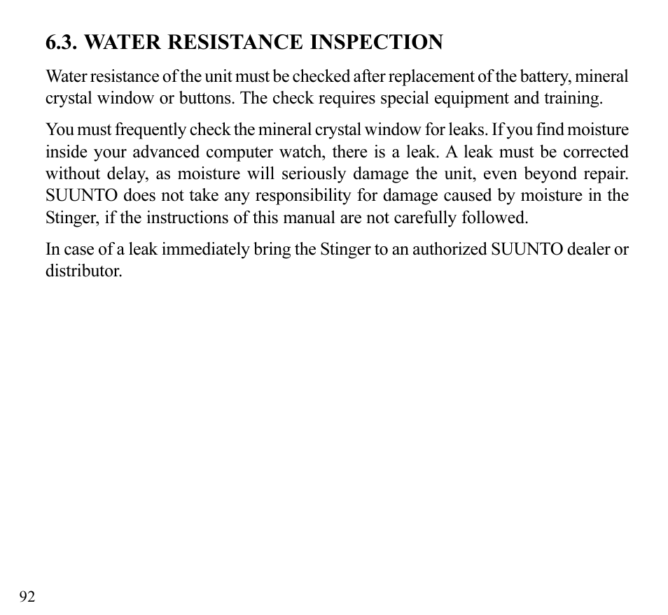 Water resistance inspection | SUUNTO Stinger User Manual | Page 94 / 120