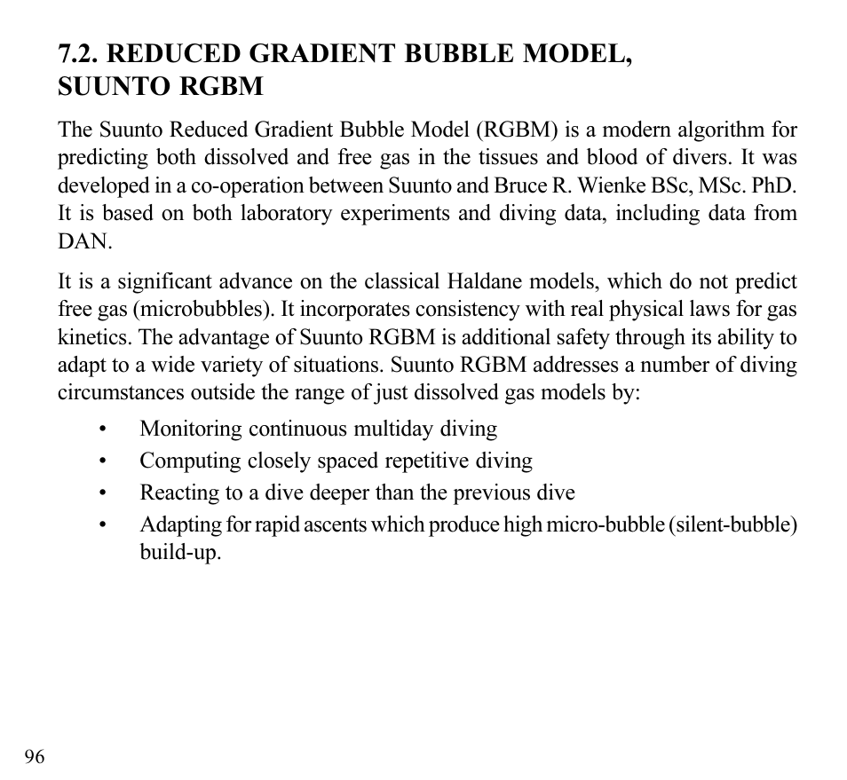 Reduced gradient bubble model, suunto rgbm | SUUNTO Stinger User Manual | Page 98 / 120