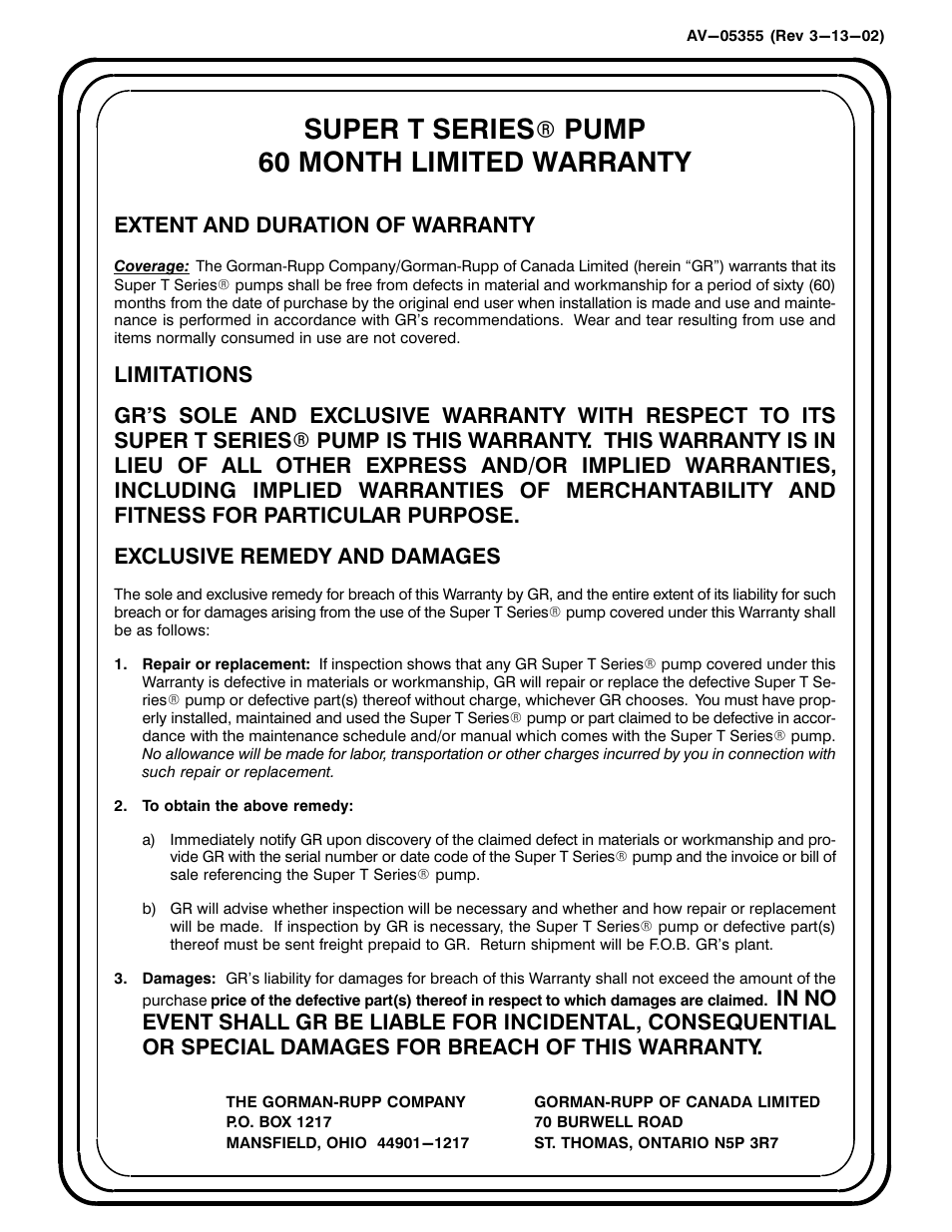 Super t series, Pump 60 month limited warranty, Extent and duration of warranty | Gorman-Rupp Pumps T4A60S-F3L 1264856 thru 1314224 User Manual | Page 52 / 52