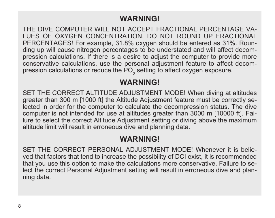 Warning | SUUNTO D9 User Manual | Page 10 / 122