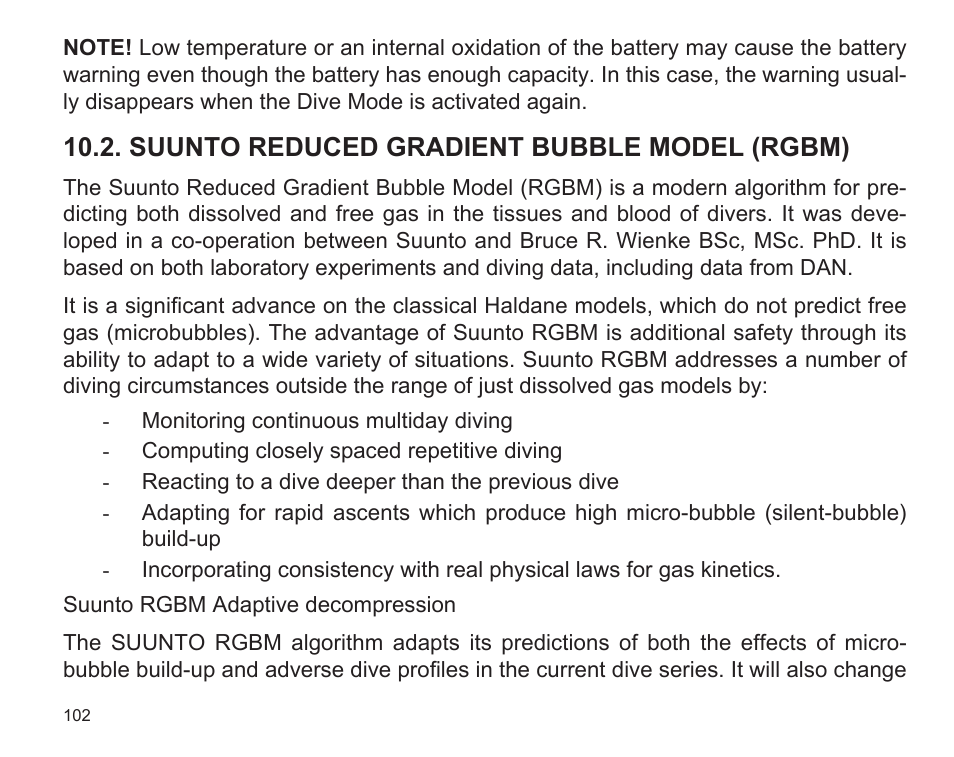 Suunto reduced gradient bubble model (rgbm) | SUUNTO D9 User Manual | Page 104 / 122